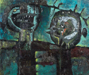 Gianni Dova. Personaggi notturni, 1955. Olio e smalto su tela (o tavola), 17,5x21,5cm